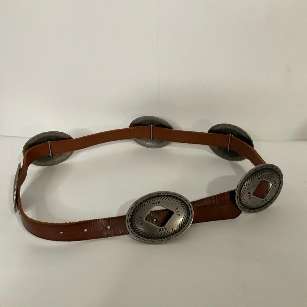 Vintage western brown leather belt; silver medallions; adjustable strap; ~37” L